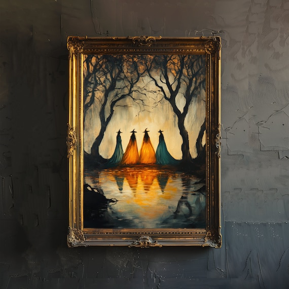 Witches By The Lake Poster Dark Academia Art Witchy Decor Gothic Home Antique Illustration Victorian Era Rustic Vintage Wall
