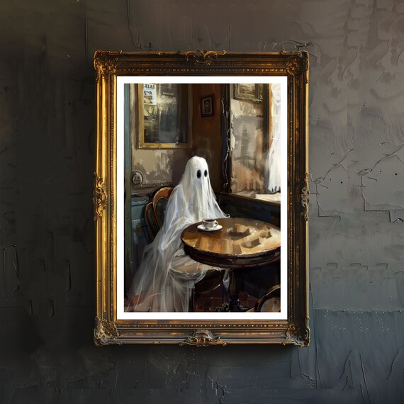 Lonely Ghost Drinking Tea In A Vintage Cafe Cozy Spooky Poster