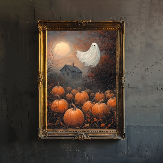 Friendly Ghost Over Pumpkin Patch Haunted House Harvest Moon Poster