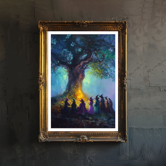 Witches Gathering By An Ancient Oak Tree Print Dark Academia Art Witchy Decor Gothic Home Antique Illustration Rustic Vintage