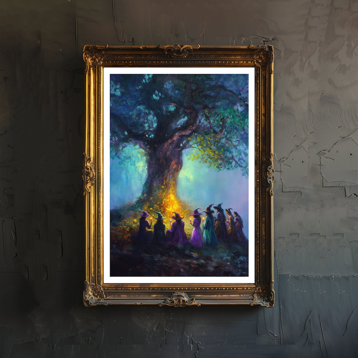 Witches Gathering Poster Ancient Oak Tree Fire Circle Dark Academia Art