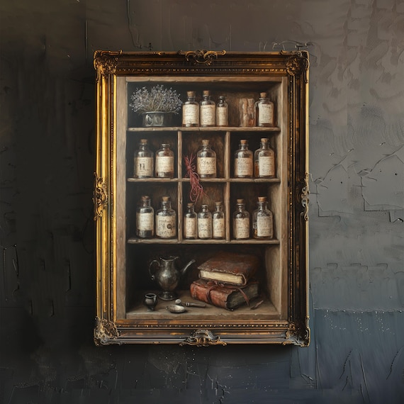 Vintage Apothecary Cabinet Print Dark Academia Art Witchy Decor Magical Herbalism Illustration Moody Wall