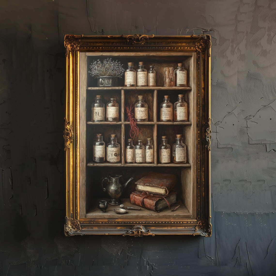 Vintage Apothecary Cabinet Potion Bottles Dark Academia Wall Art