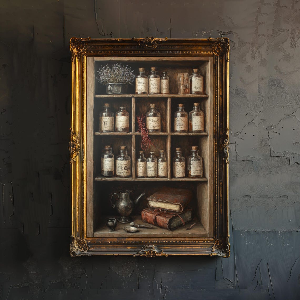Vintage Apothecary Cabinet Print Dark Academia Art Witchy Decor Magical Herbalism Illustration Moody Wall