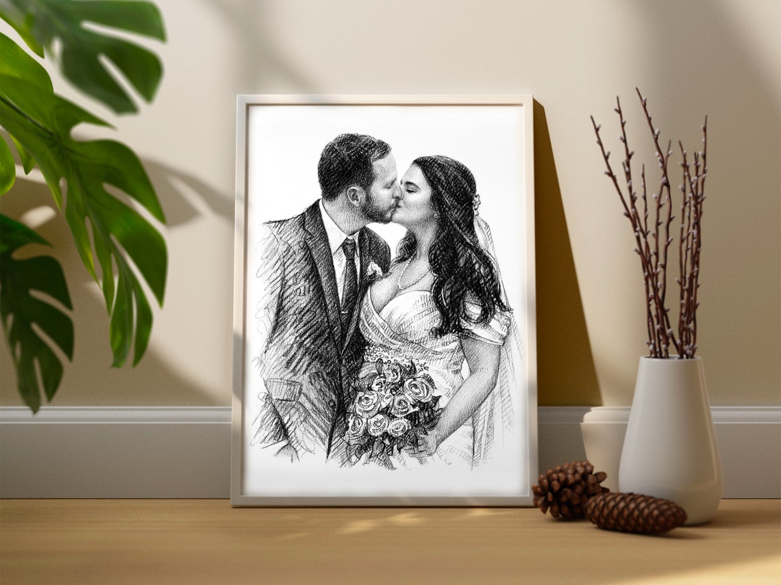 Smiling Couple Custom Pencil Portrait Sketch Art Print From Photo - Image 4