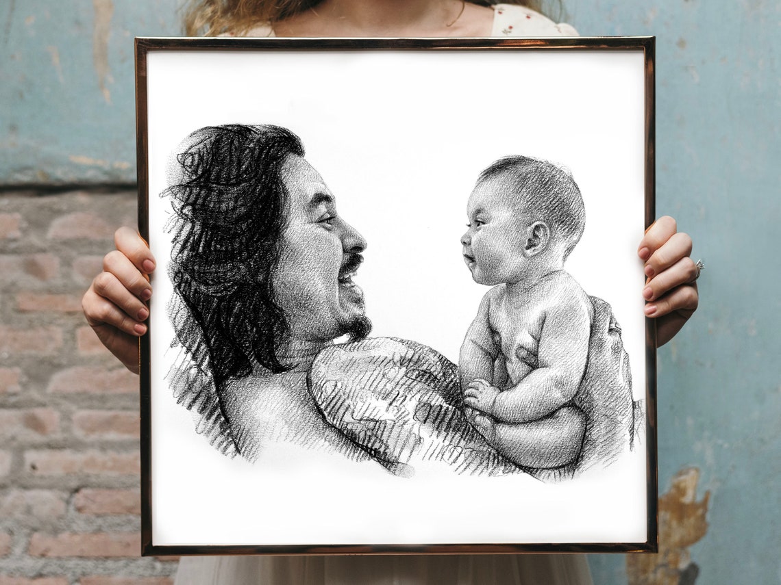 Happy Father Holding Baby Smiling at Camera Pencil Sketch Poster - Image 2
