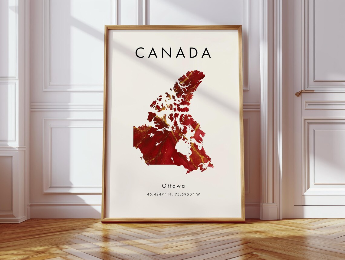 Canada Map Poster Red And Gold North America Wall Art Print Home Decor Geography Gift Wallpaper