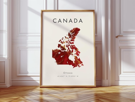 Canada Map Poster Red And Gold North America Wall Art Print Home Decor Geography Gift Wallpaper