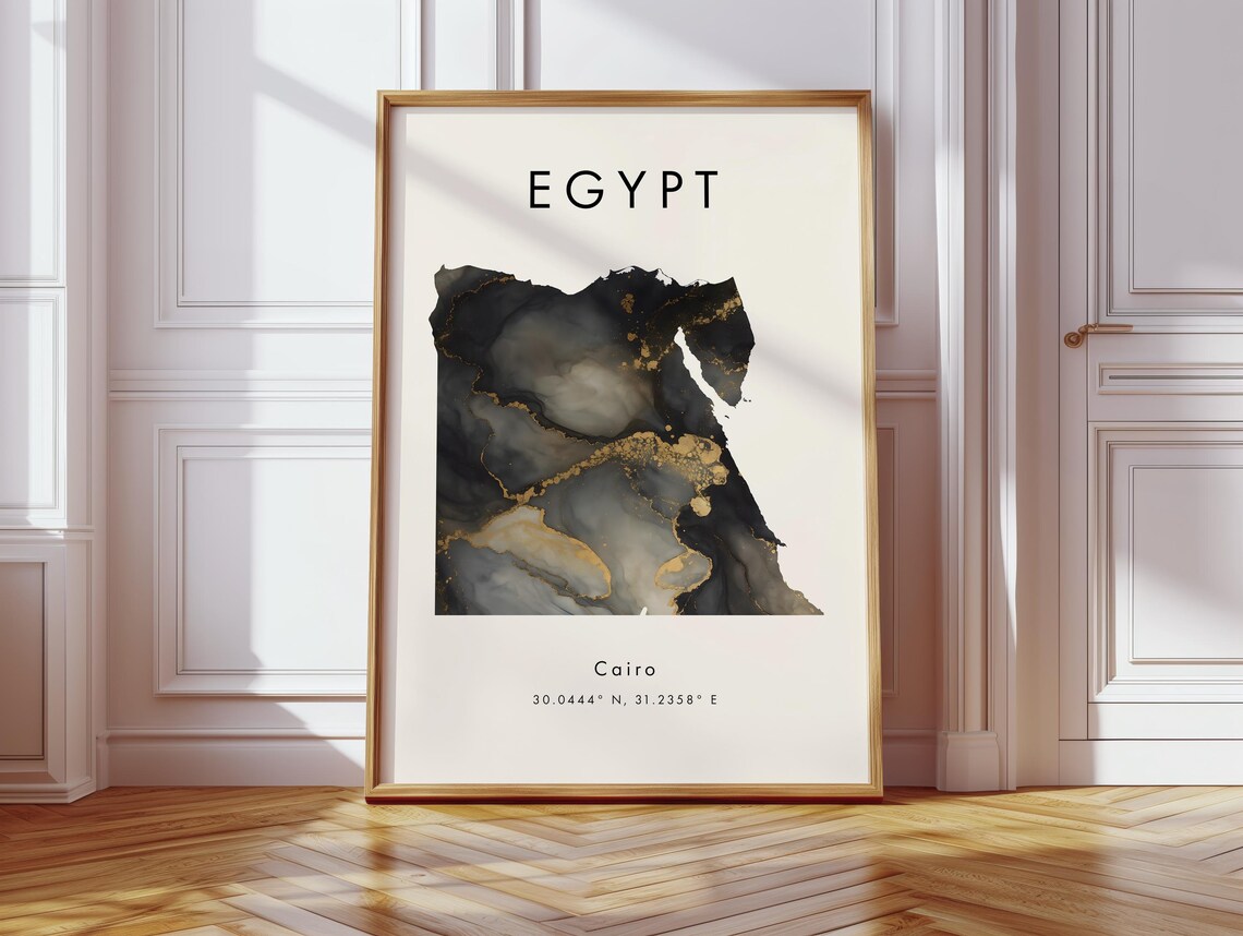Egypt Country Map Black and Gold Marble Poster with Cairo Detail
