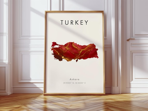 Turkey Map Poster Red And Gold Asia Wall Art Print Home Decor Geography Gift Wallpaper