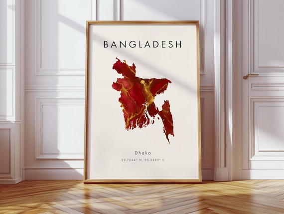 Bangladesh Map Poster Red And Gold Asia Wall Art Print Home Decor Geography Gift Wallpaper