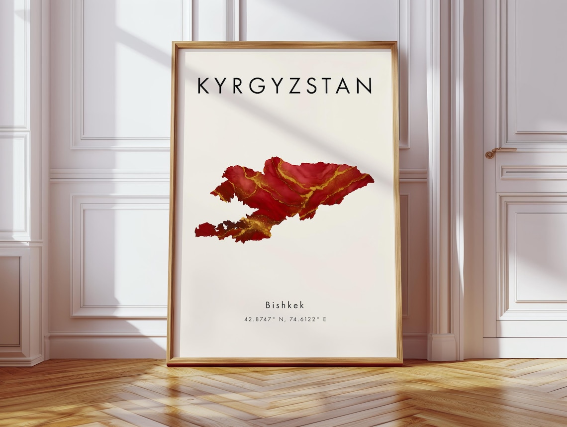 Kyrgyzstan Country Map Red Watercolor Art Bishkek Coordinates Poster