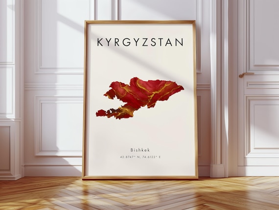 Kyrgyzstan Map Poster Red And Gold Asia Geography Gift Wallpaper