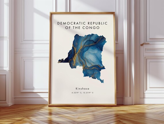 Democratic Republic Of The Congo Map Poster Blue And Gold Africa Wall Art Print Home Decor Geography Gift Wallpaper