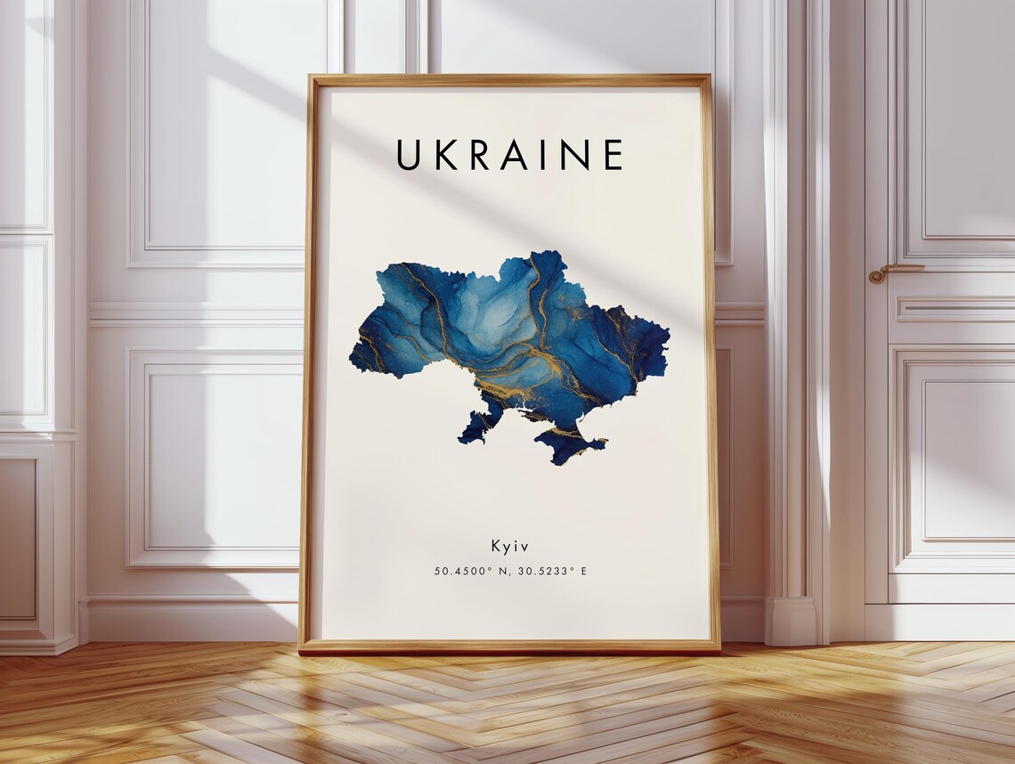 Ukraine Map Poster Blue And Gold Europe Wall Art Print Home Decor Geography Gift Wallpaper