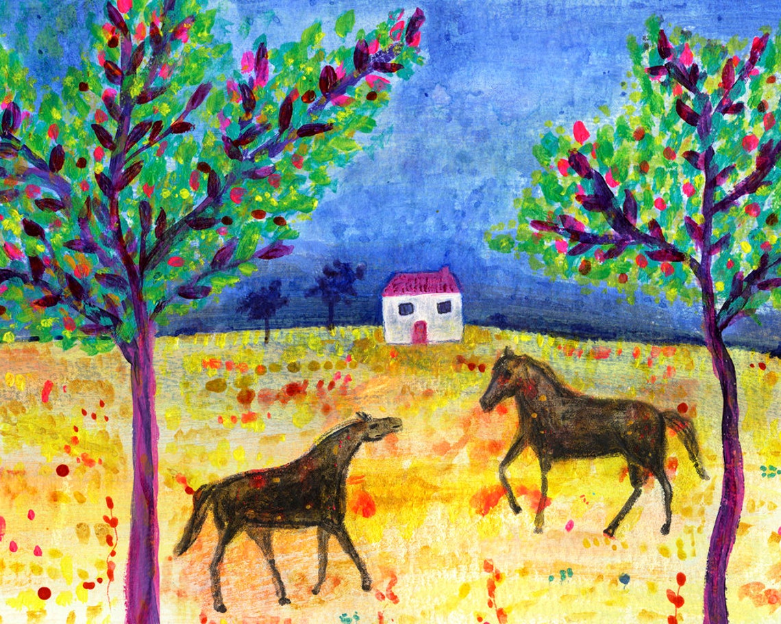 Two Horses Greeting In Golden Meadow Between Trees Art Poster