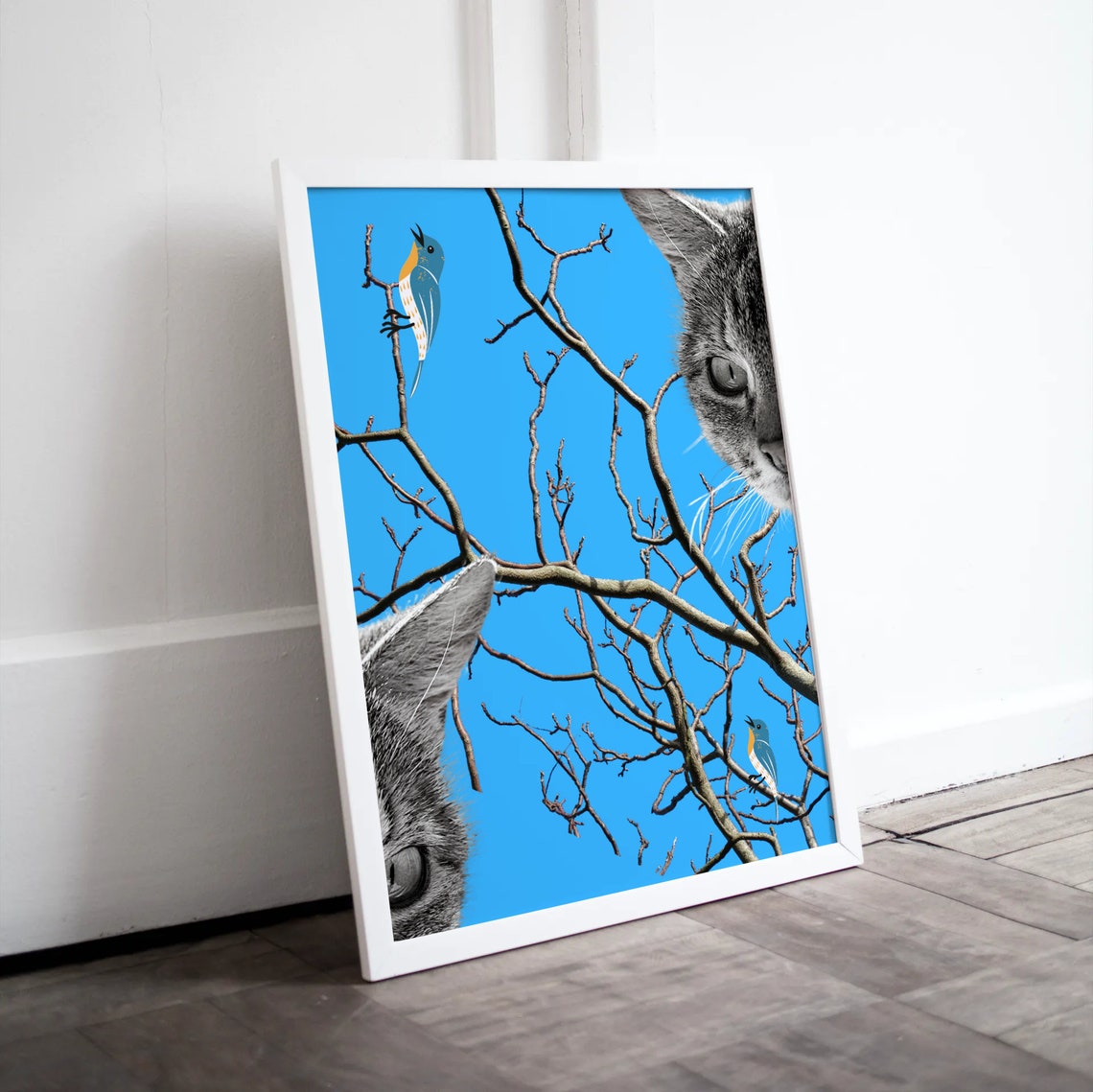 Curious Cat Watching Birds Poster Bold Blue Pop Art Collage Work - Image 4