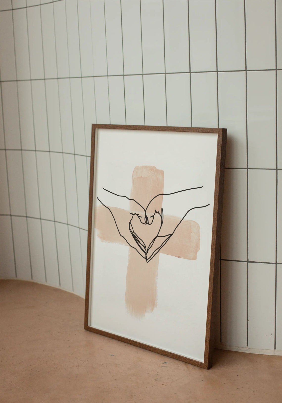 Heart Hands Line Art Poster Blush Pink Cross Brush Background - Image 2