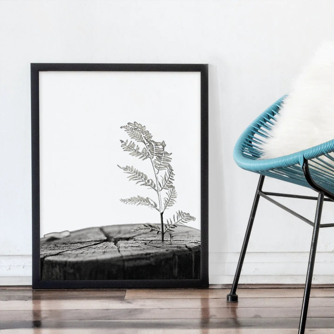 Fern Sprouting from Tree Stump Black and White Nature Poster - Image 3