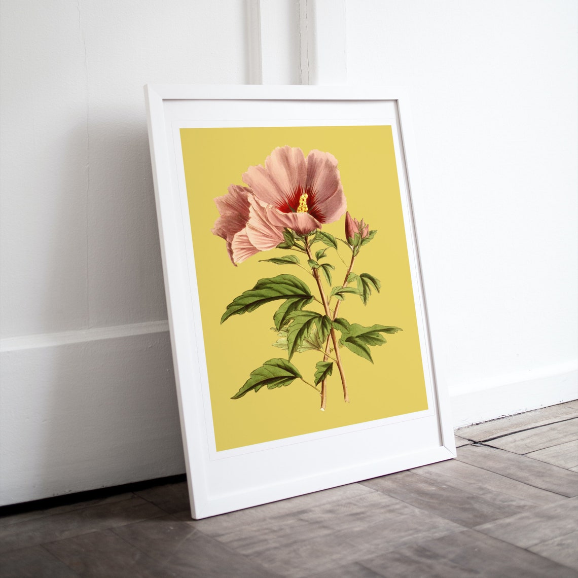 Vintage Hibiscus Flower Poster Botanical Art On Mustard Yellow - Image 4