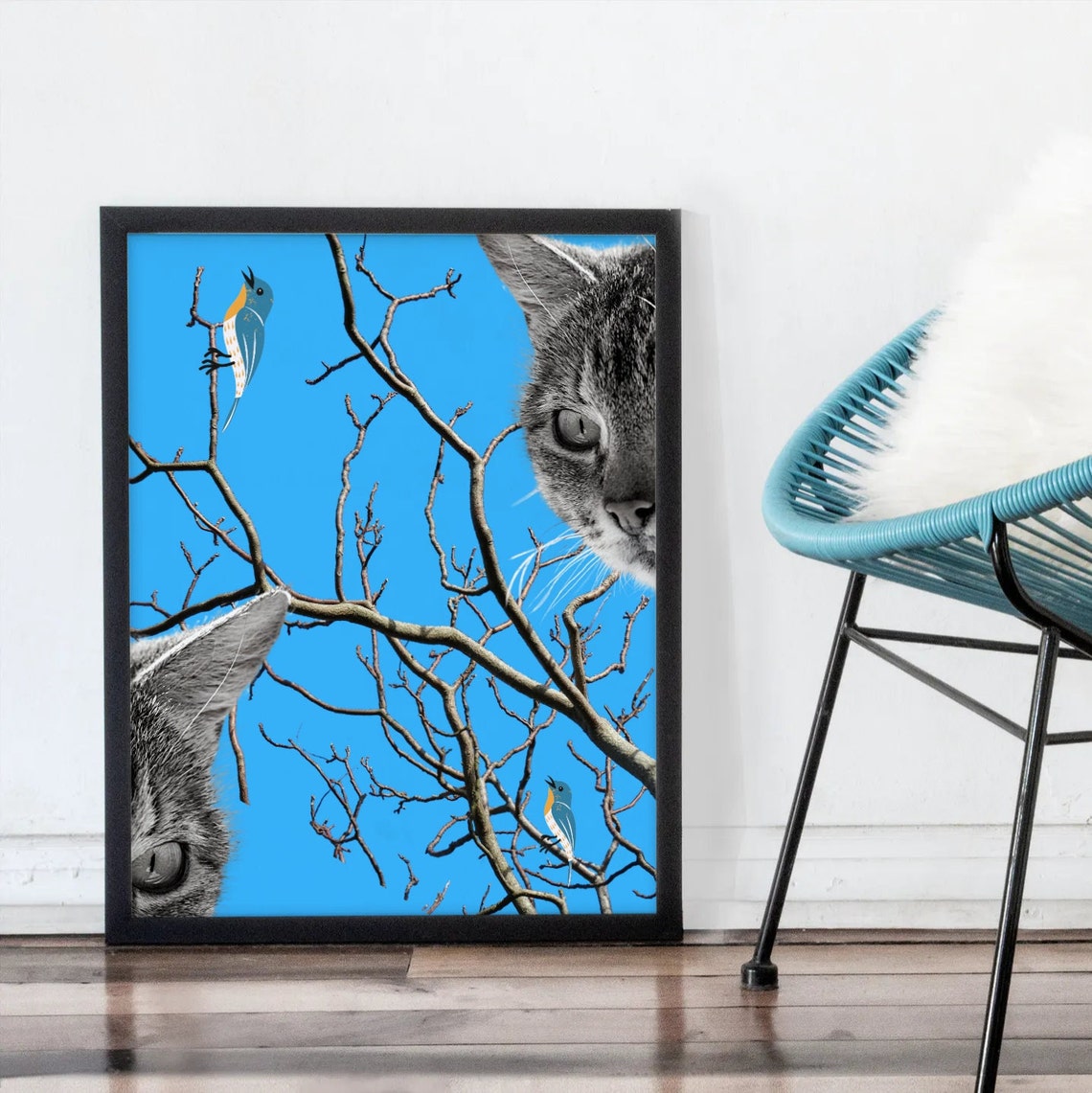 Curious Cat Watching Birds Poster Bold Blue Pop Art Collage Work - Image 3