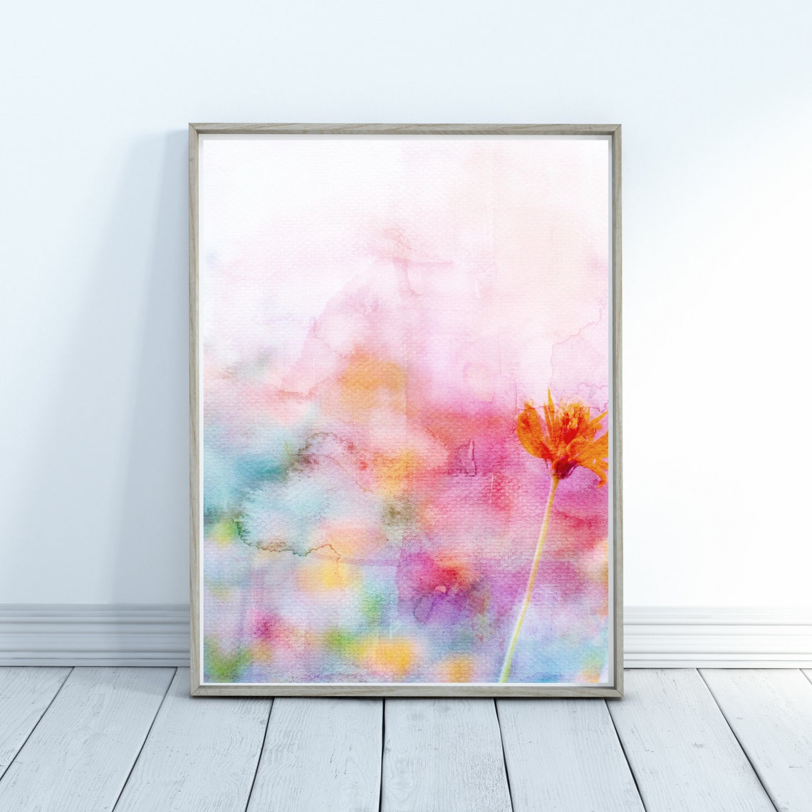 Watercolor Flower Poster Pink Orange Bloom On Pastel Floral Wash