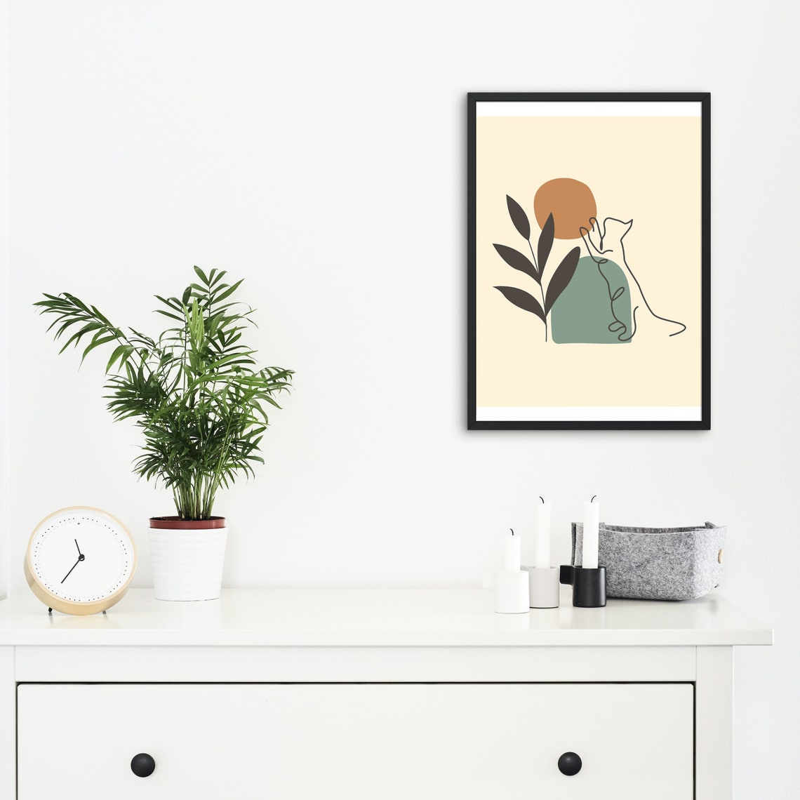 Boho Line Art Cat Under Terracotta Sun with Leaves Beige Poster - Image 2