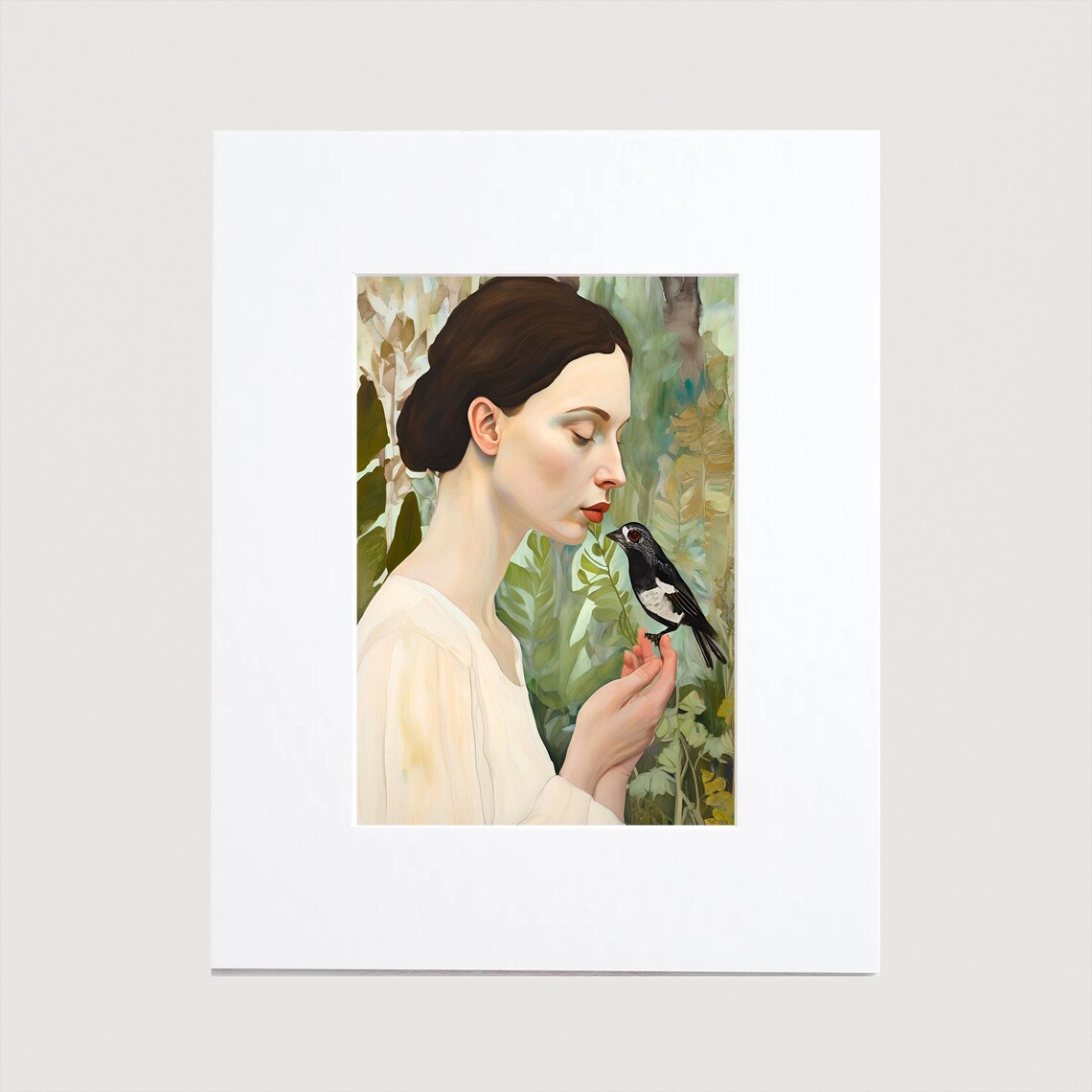 Woman Profile Holding Small Bird Botanical Fine Art Painting Poster - Image 2