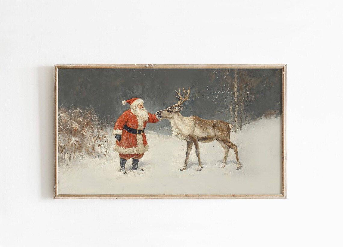 Santa Claus With Reindeer Vintage Christmas Painting Snow Poster - Image 4