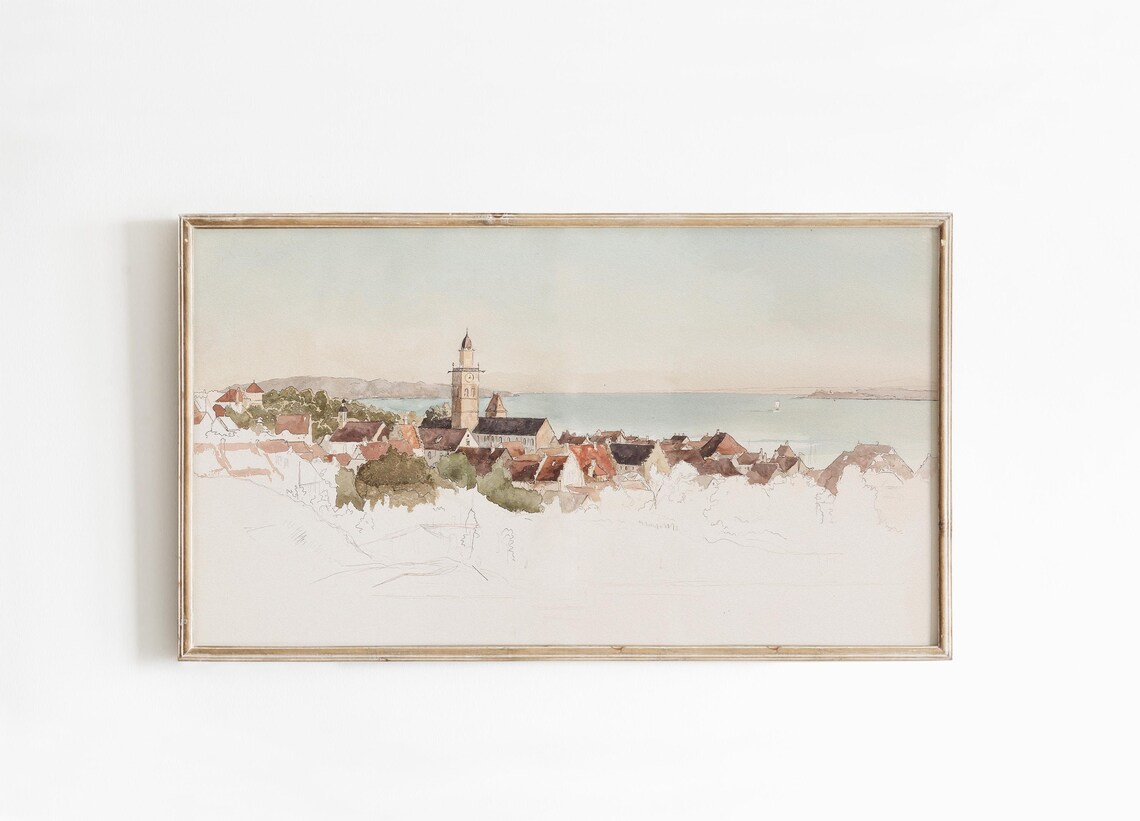 European Coastal Town Watercolor Church Tower Red Roofs Sea Poster