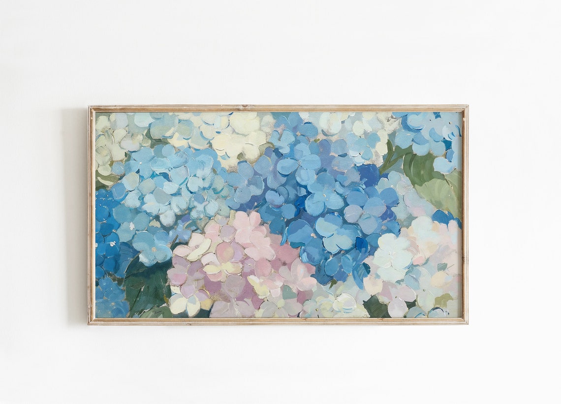 Blue Hydrangea Blossoms Close Up Impressionist Floral Art Poster - Image 2