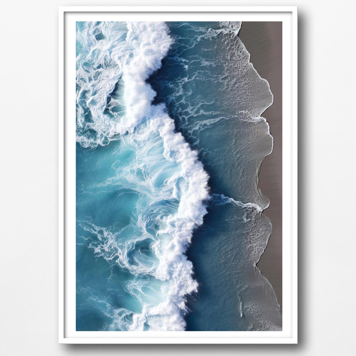 Aerial Ocean Wave Crashing Over Sandy Beach Coastal Blue Wall Poster