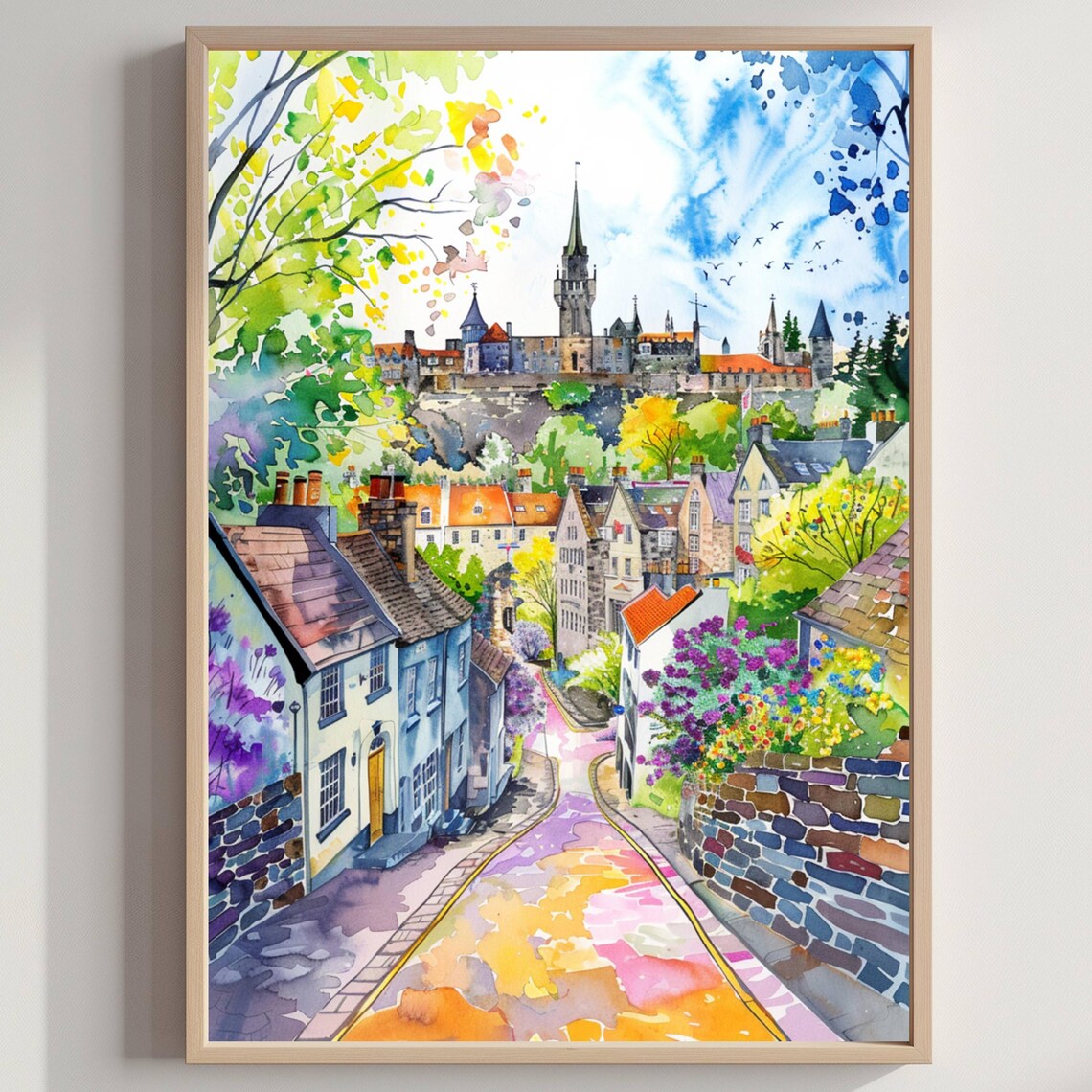 Historic Town Street Castle Hill Colorful Watercolor Art Poster