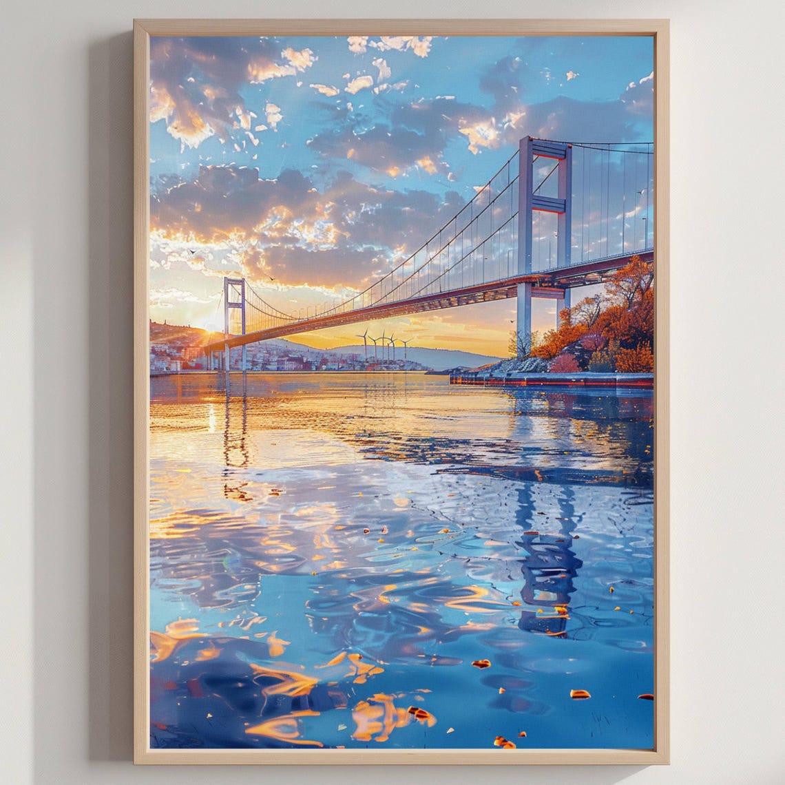 Istanbul Bosphorus Bridge Sunset Golden Reflection Water Travel Print