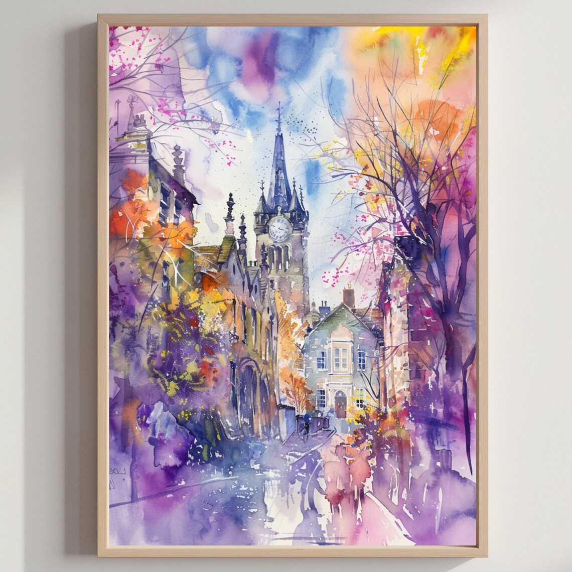 Church Clock Tower Watercolor Autumn Street Scene Framed Art Print