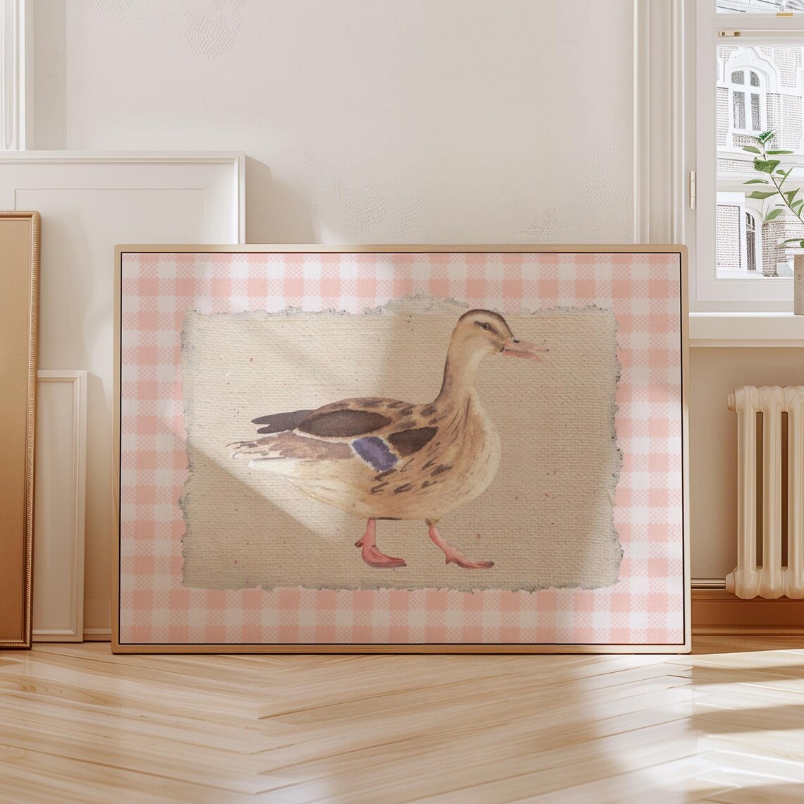 Pink Gingham Mallard Duck Art Print, Cottage Core