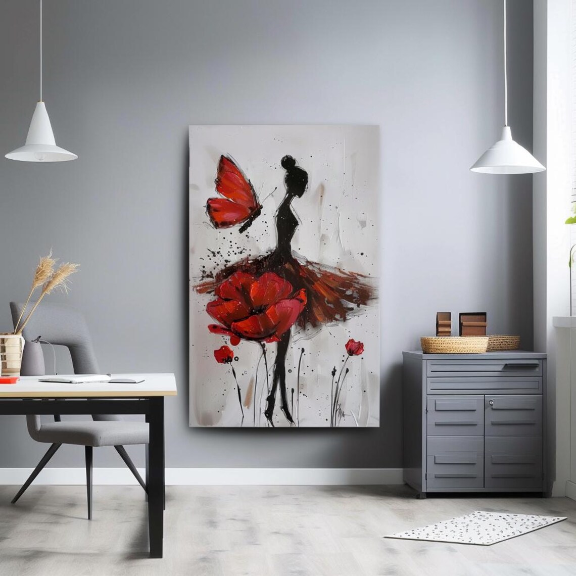 Dancer with Red Butterfly and Poppy Skirt Silhouette Painting Poster