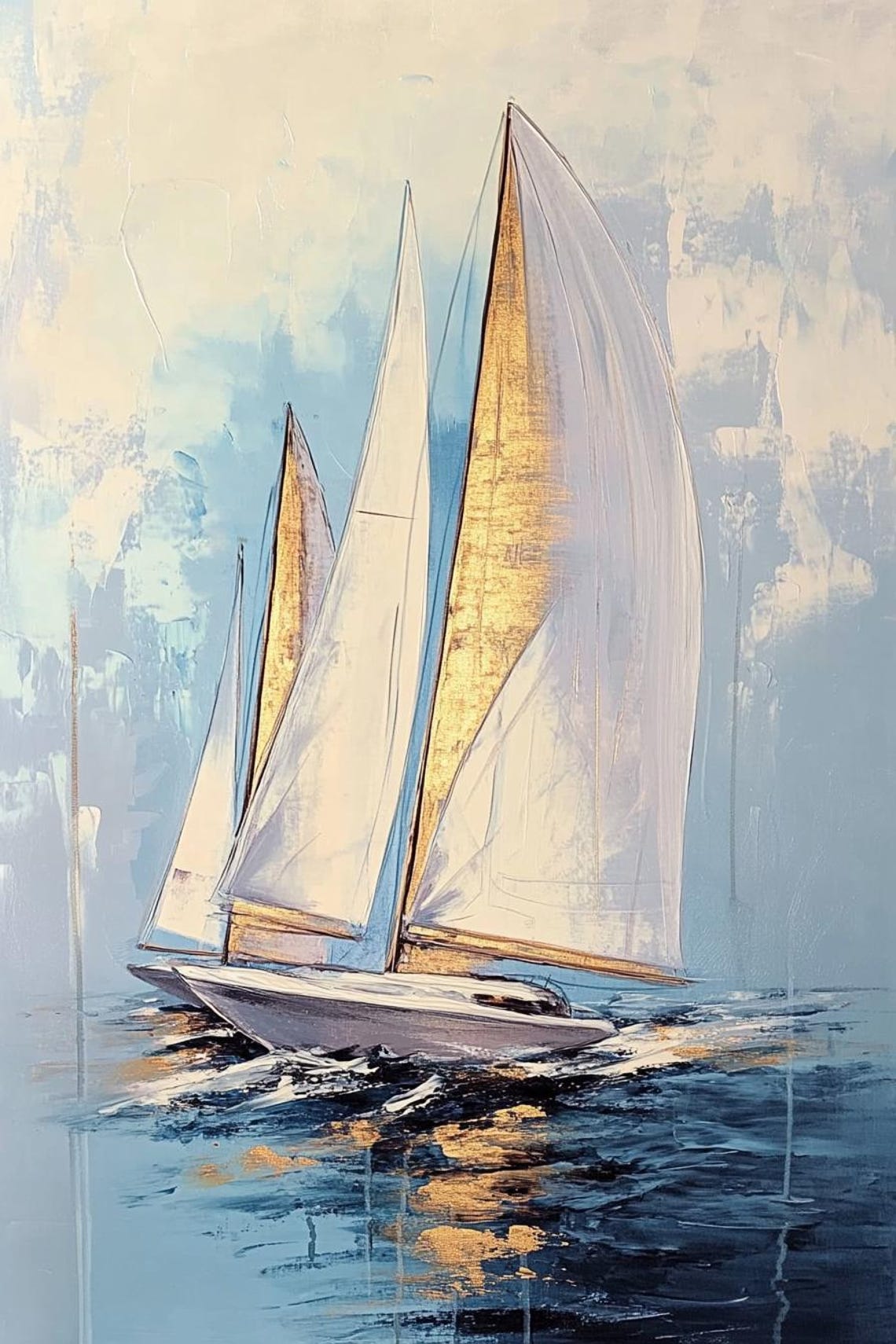 White Sailboat with Golden Sails on Blue Sea Painting Poster - Image 2