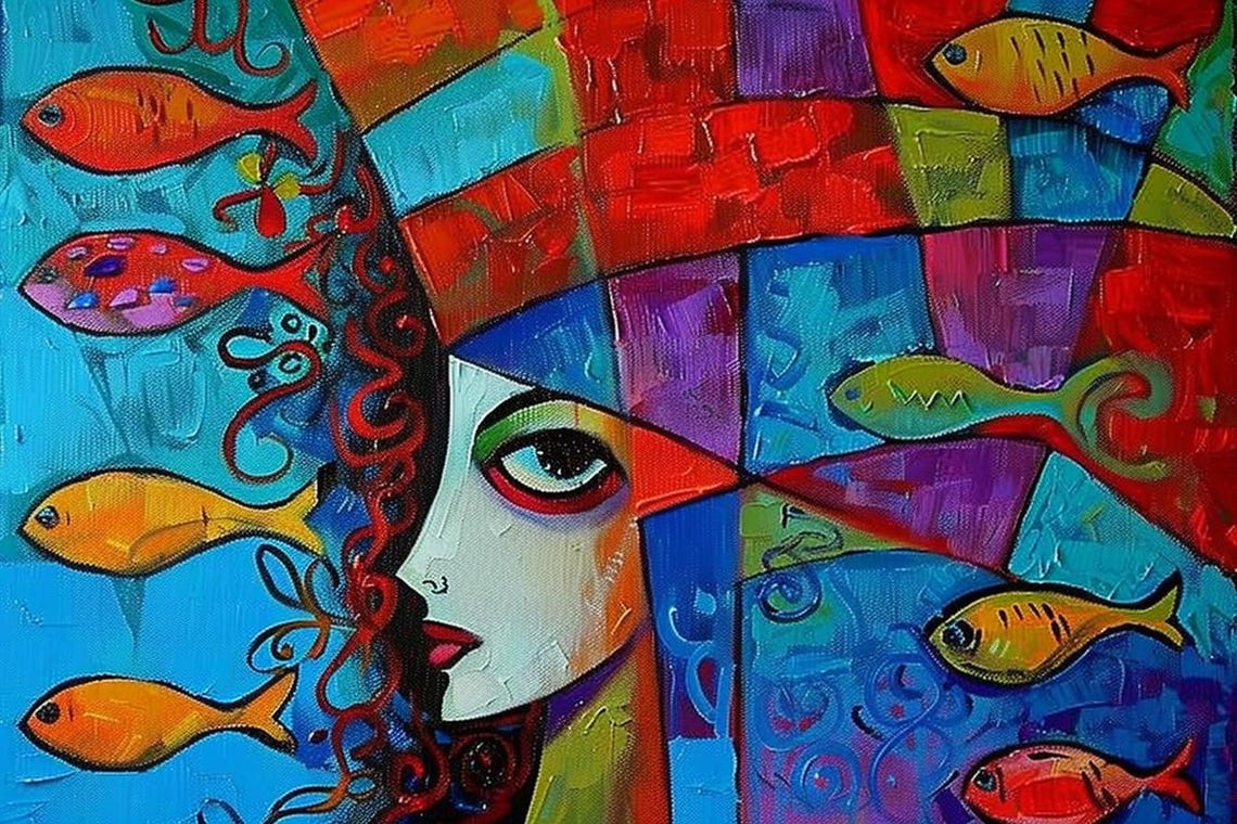 Cubist Woman Profile with Colorful Fish Bold Modern Art Poster - Image 3