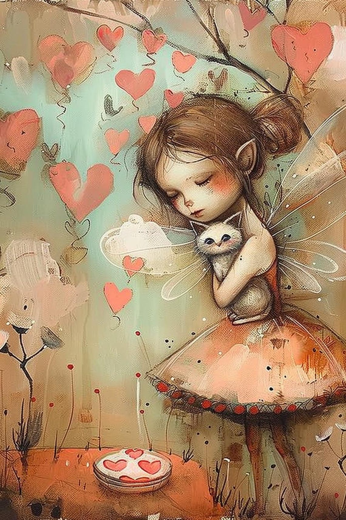 Love Fairy Girl Hugging Kitten With Heart Balloons Art Poster - Image 2