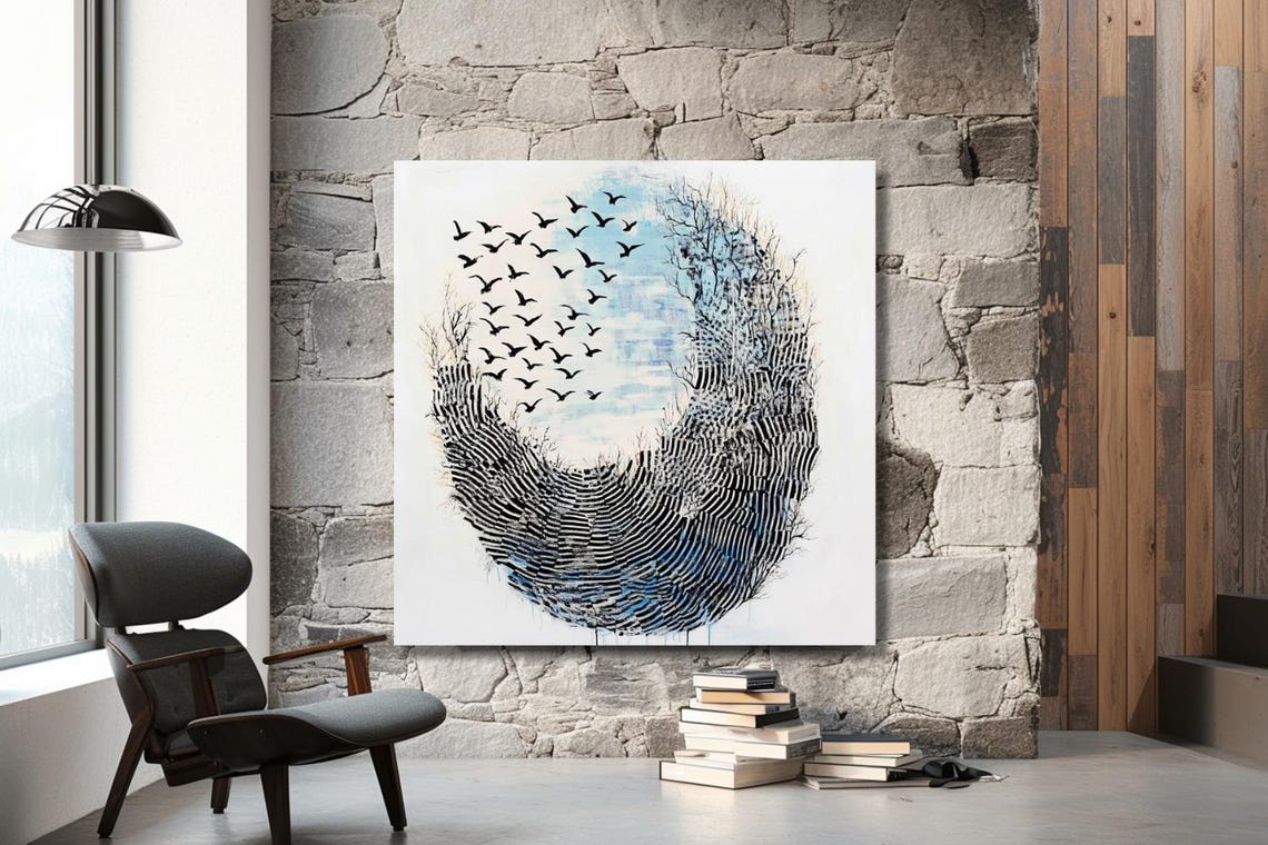 Flock Of Birds Flying Inside An Ink Brush Circle Abstract Poster - Image 2