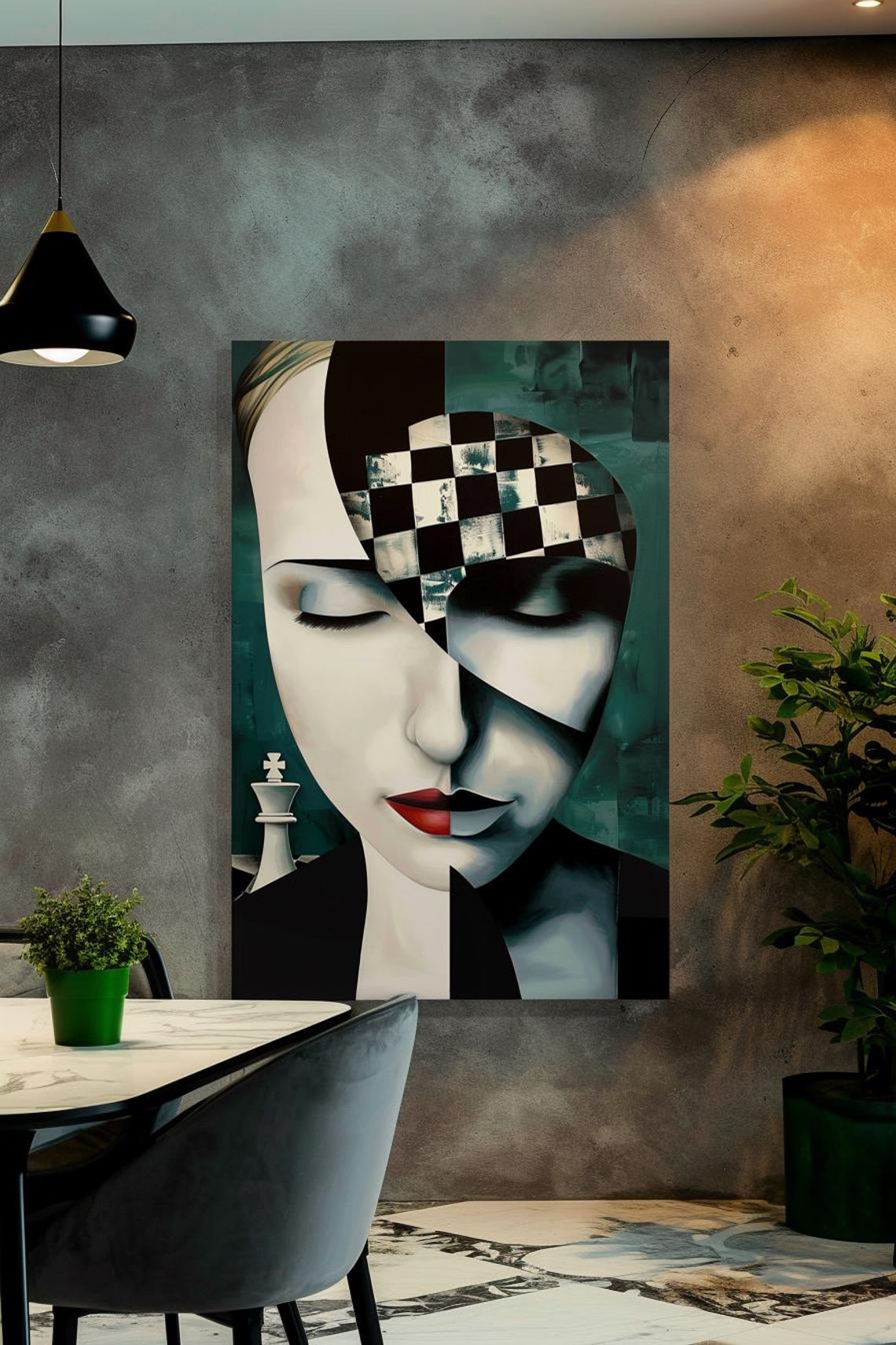 Split Face Woman Chessboard Checkered Abstract Mind Game Poster