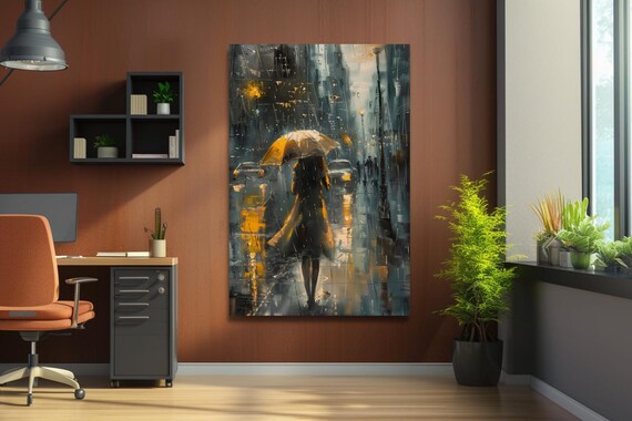 Woman With Golden Umbrella Rainy City Street Moody Art Poster