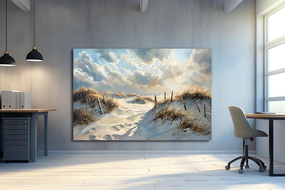 Snowy Sand Dune Path To Sea Under Dramatic Cloudy Sky Poster - Image 3