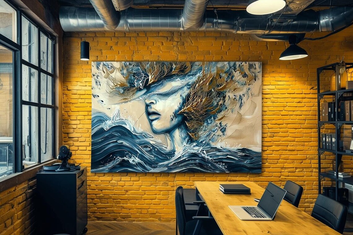 Woman Emerging From Ocean Waves Blue Abstract Seascape Poster
