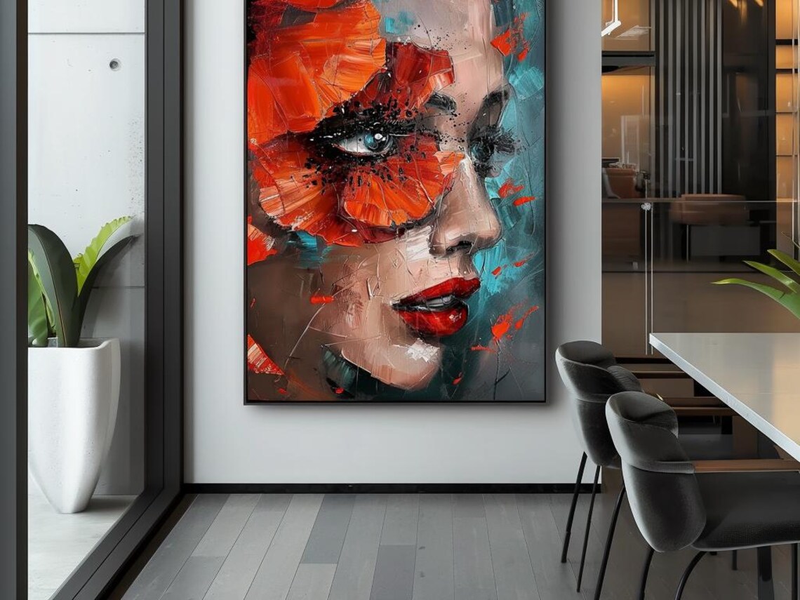 Red Poppy Over Her Eye Teal Abstract Portrait Painting Poster - Image 3
