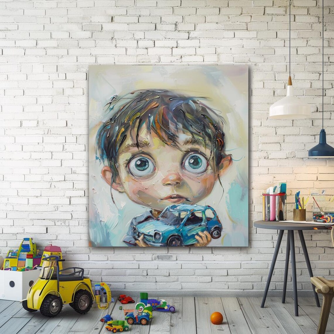 Big Eyed Boy Holding Blue Toy Car Charming Impasto Kids Art Poster - Image 3