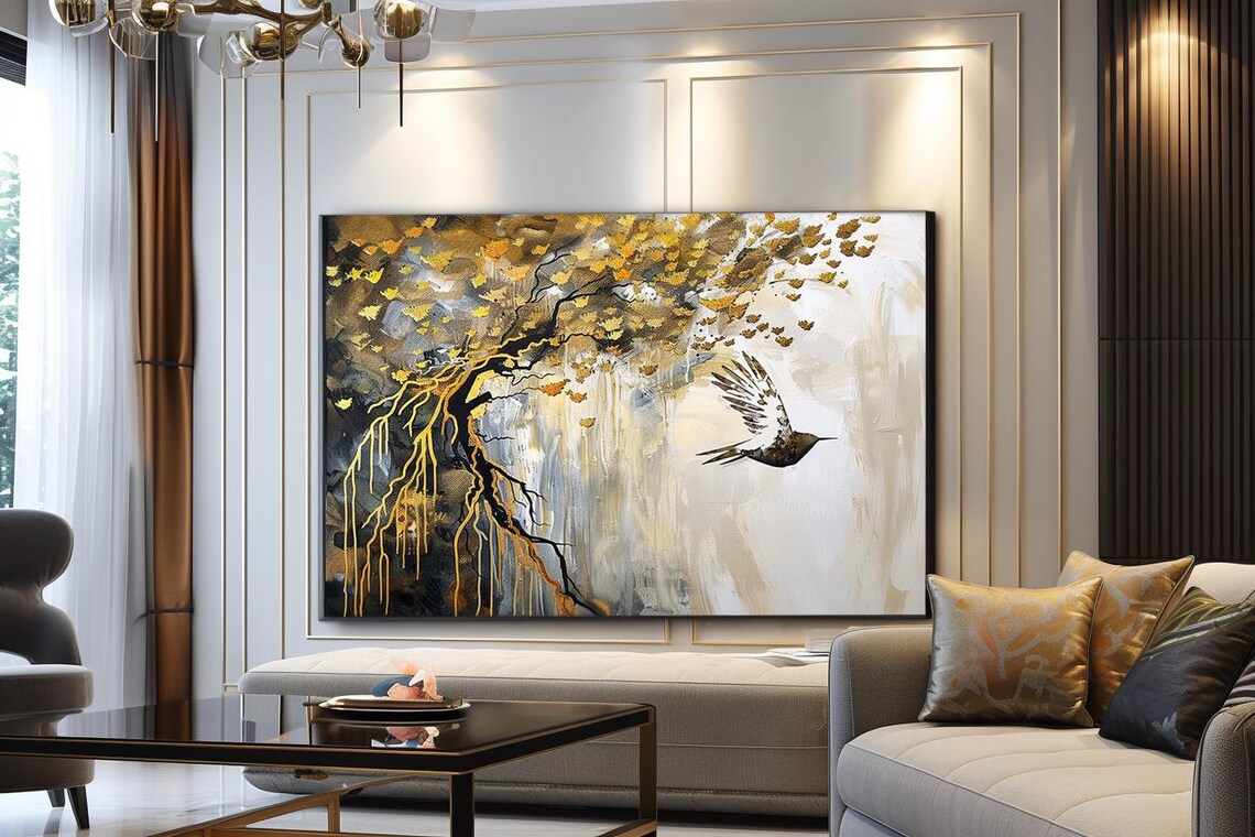 Golden Dreams Elegant Golden Tree With Roots And Flying Bird Poster