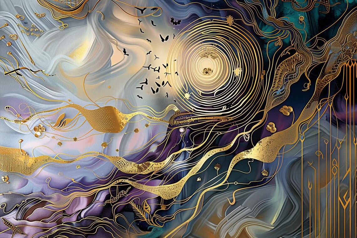 Golden Sun Spiral in Purple Clouds Birds Abstract Painting Poster - Image 2