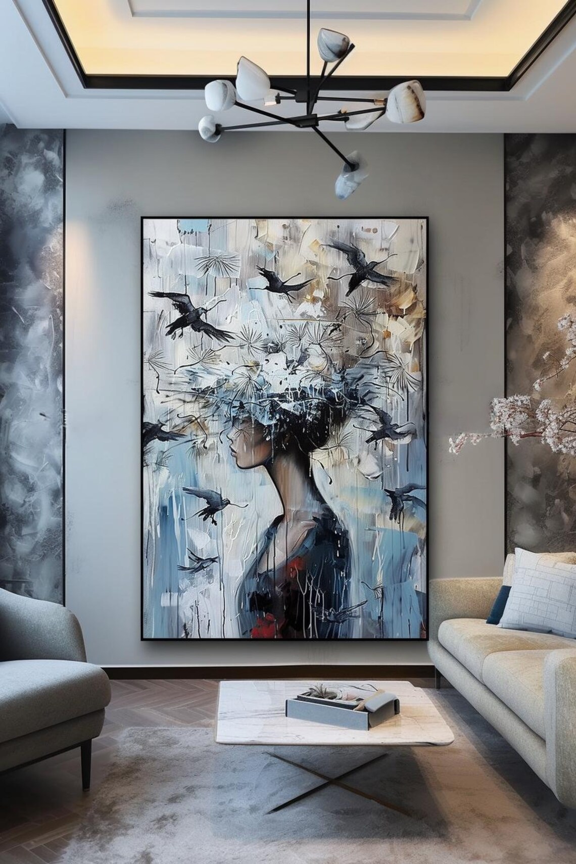 Woman with Birds Rising from Her Hair Abstract Painting Poster - Image 3